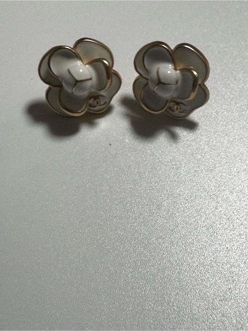 CHANEL White Camellia Flower Stud Earrings with Gold Edge